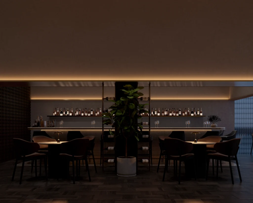 คอนเซ็ปต์ออกแบบภายใน RaBumBar & Restaurant ฝ้าโค้งและแสงแบบอบอุ่น