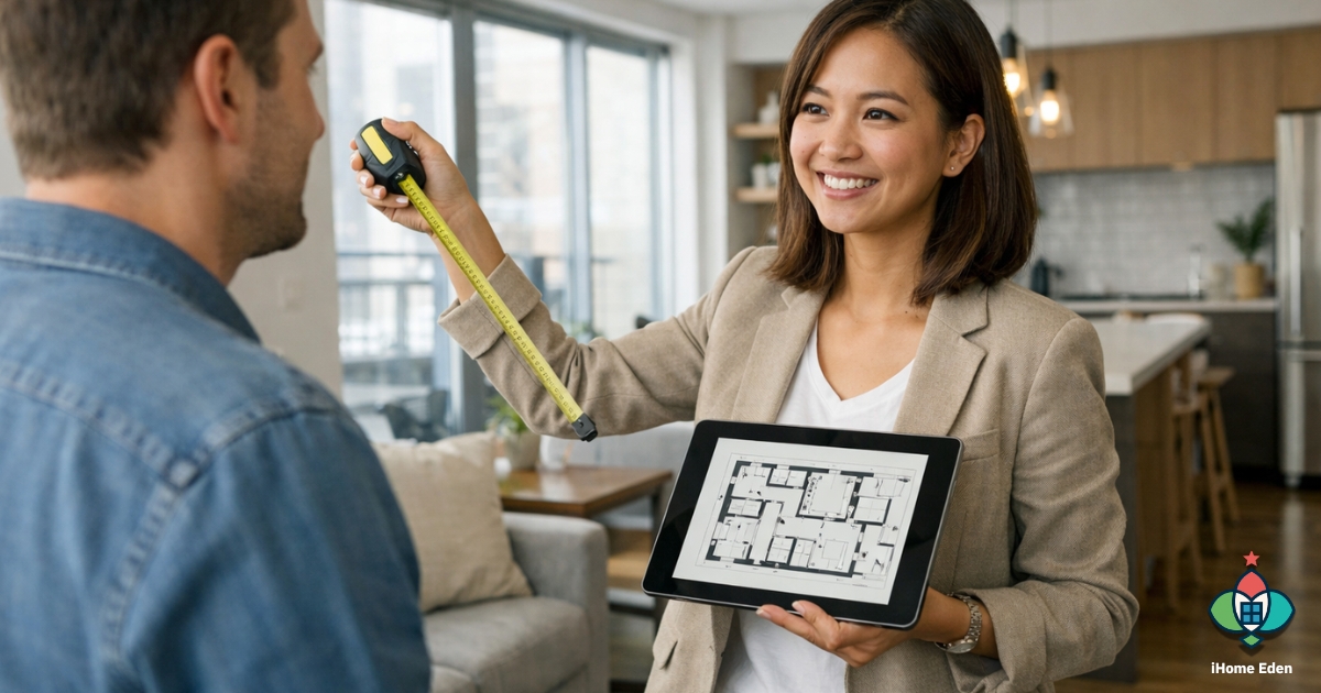 ทีมออกแบบภายในคุยหน้างาน วัดพื้นที่ และวางแปลนบนแท็บเล็ต โทนโมเดิร์น