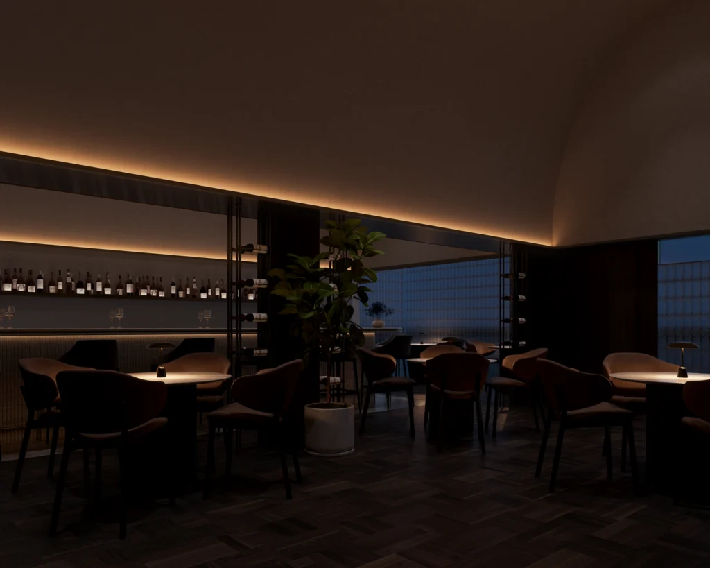 ภาพรวม Interior space RaBumBar & Restaurant โทนอุ่น แสงนุ่ม เส้นโค้งต่อเนื่อง