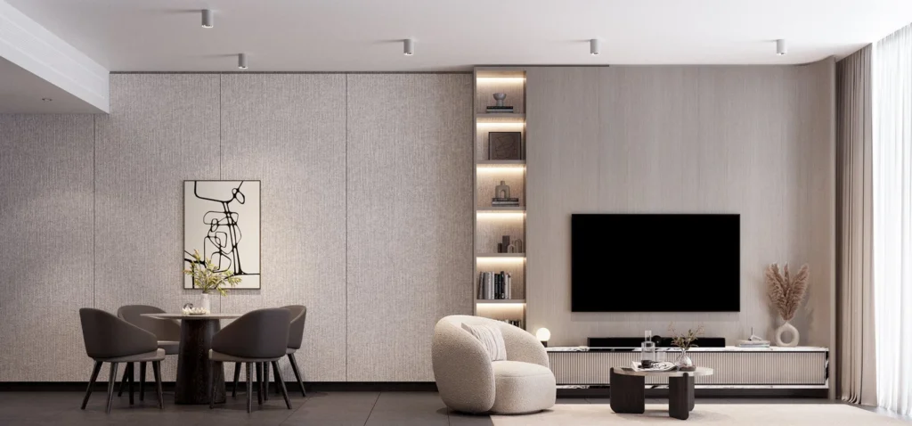 ภาพรวมพื้นที่นั่งเล่นคอนโด TAIT Sathorn 12 2B2 โทนอุ่นและสงบ