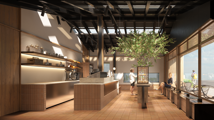 ภายในร้าน Puff & Pie ระยอง โถงสูงโปร่ง แสงธรรมชาติจากสกายไลท์ พร้อมเคาน์เตอร์กลางร้าน