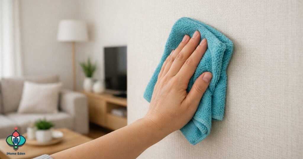 มือกำลังเช็ดผนังวอลเปเปอร์ด้วยผ้าไมโครไฟเบอร์
