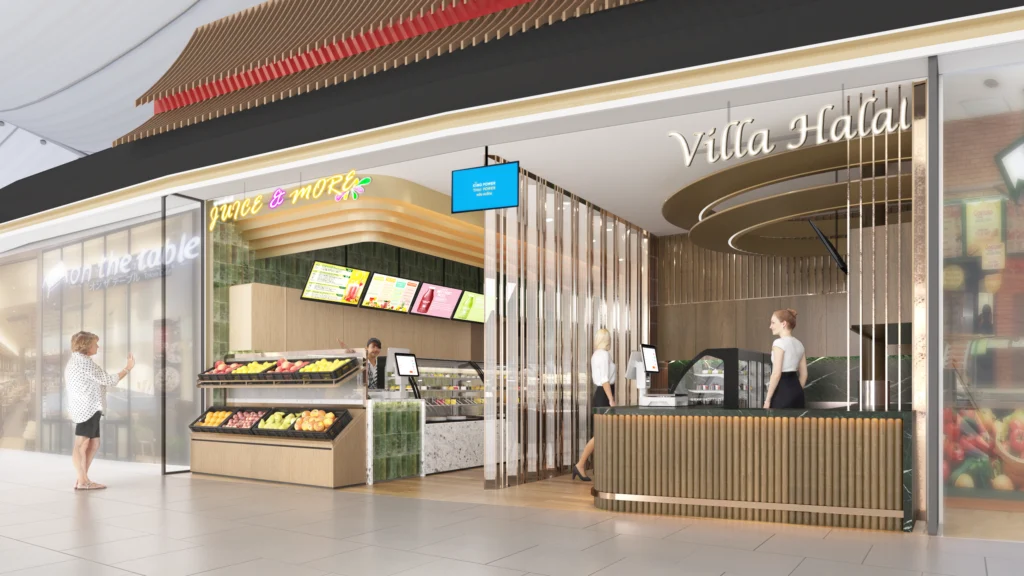 หน้าร้าน Juice and More II & Villa Halal โทนโมเดิร์นอุ่น มีป้ายแบรนด์ชัดและทางเข้ากว้าง