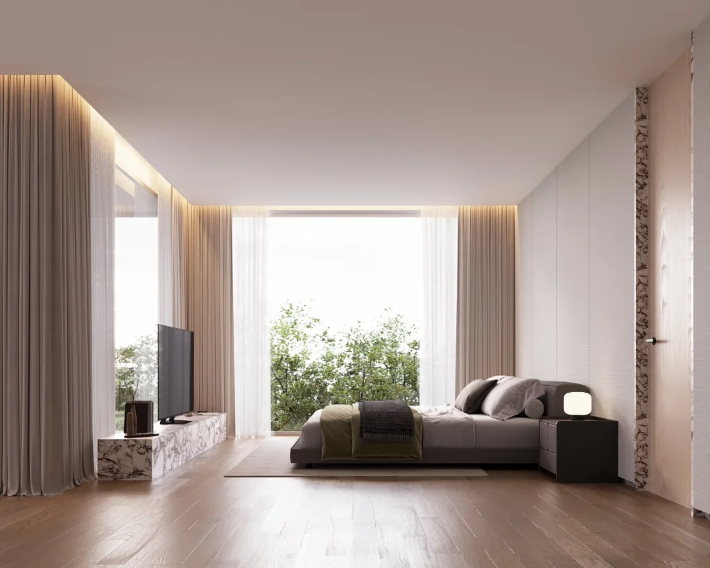 ห้องนอนบ้าน H175 ม่านสูงเต็มผนัง ตู้ทีวีลายหิน โทนโมเดิร์นอบอุ่น