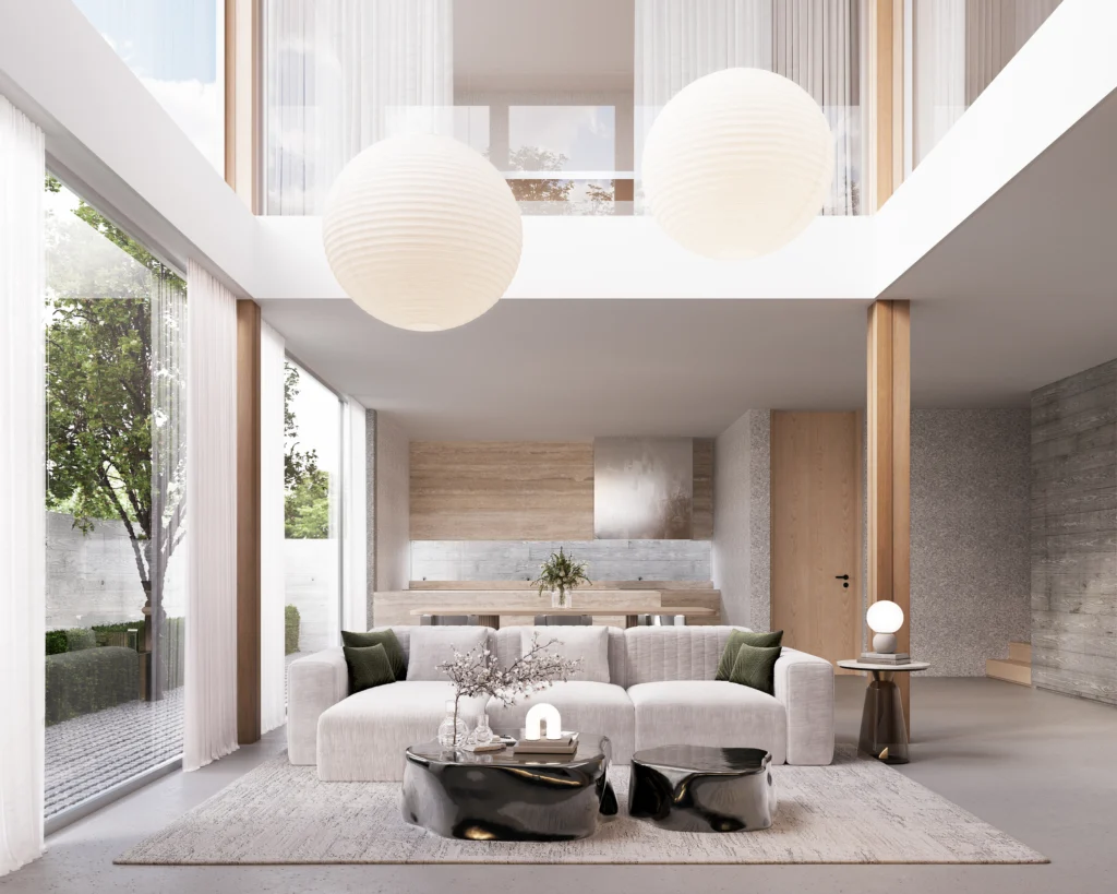ห้องนั่งเล่น Double Space รีโนเวททาวน์เฮาส์ H175 โคมไฟทรงกลม แสงธรรมชาติ