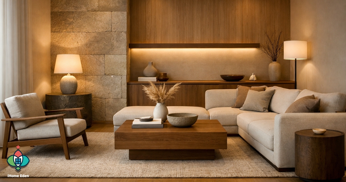 ห้องนั่งเล่นสไตล์โมเดิร์นโทนอุ่น แสงธรรมชาติ ไฟซ่อน เฟอร์นิเจอร์น้อยชิ้นแต่ใช้งานคุ้ม