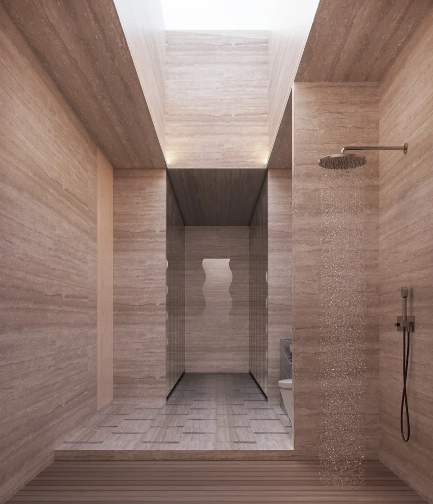 ห้องน้ำบ้าน H175 ช่องแสงด้านบน โทนหินอุ่น บรรยากาศสปา