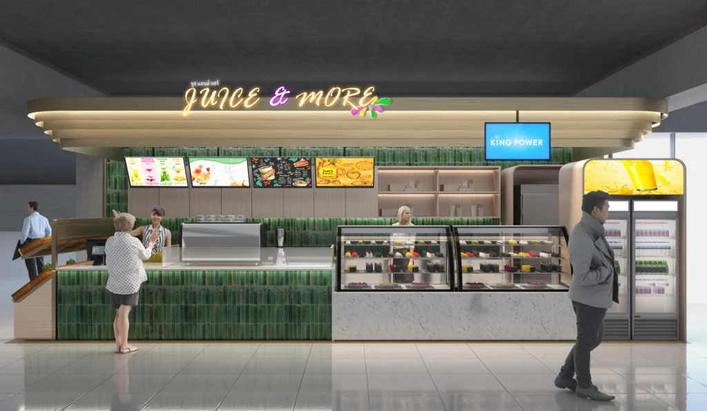 ออกแบบคีออสก์ Juice and More อีกมุม เน้นหน้าเคาน์เตอร์ จุดสั่งซื้อ และระบบป้าย