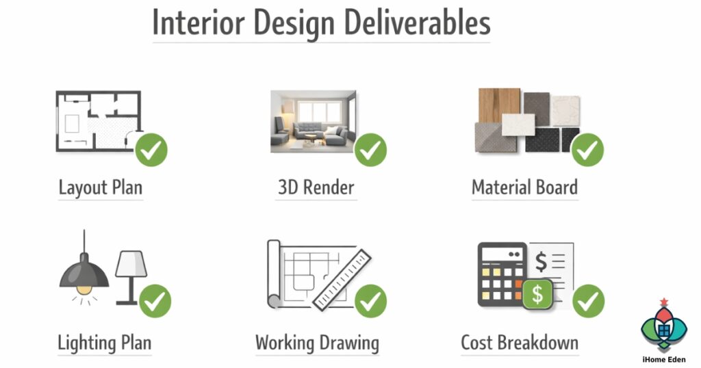 เช็กลิสต์ Deliverables งานรับออกแบบภายใน Layout 3D วัสดุ แสง แบบก่อสร้าง และรายการงบประมาณ
