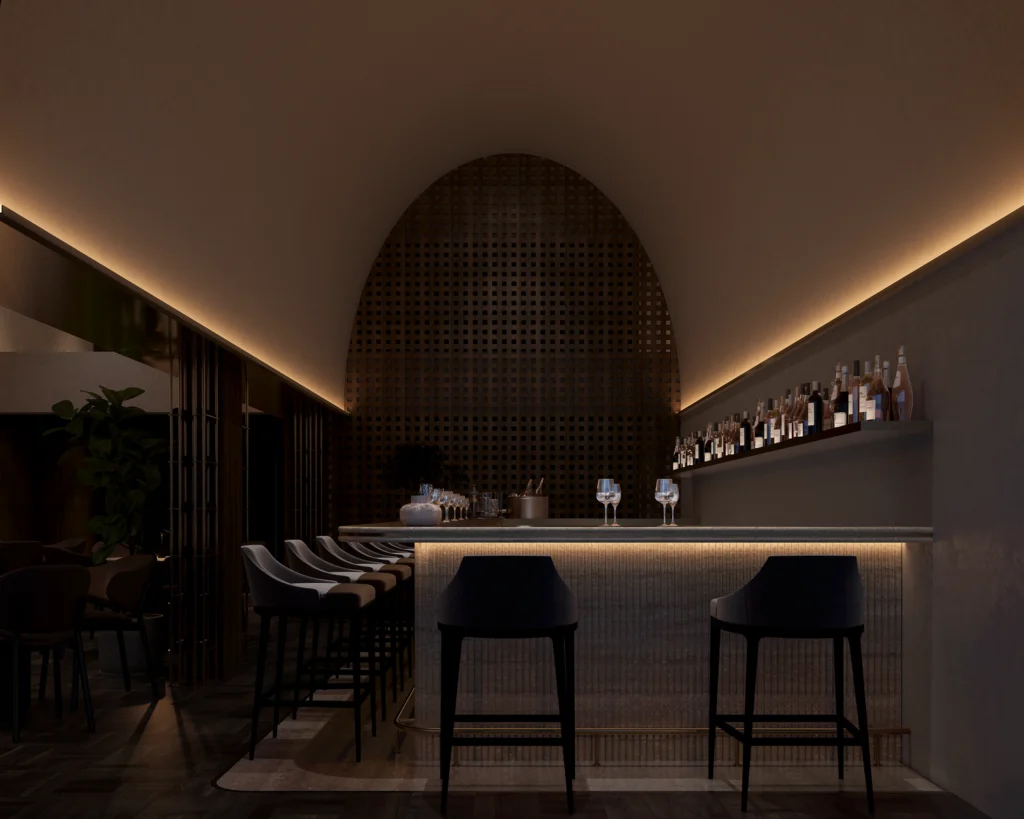 โซน Fine Dining RaBumBar & Restaurant ฝ้าโค้งต่อเนื่อง สร้างมิติและจังหวะ
