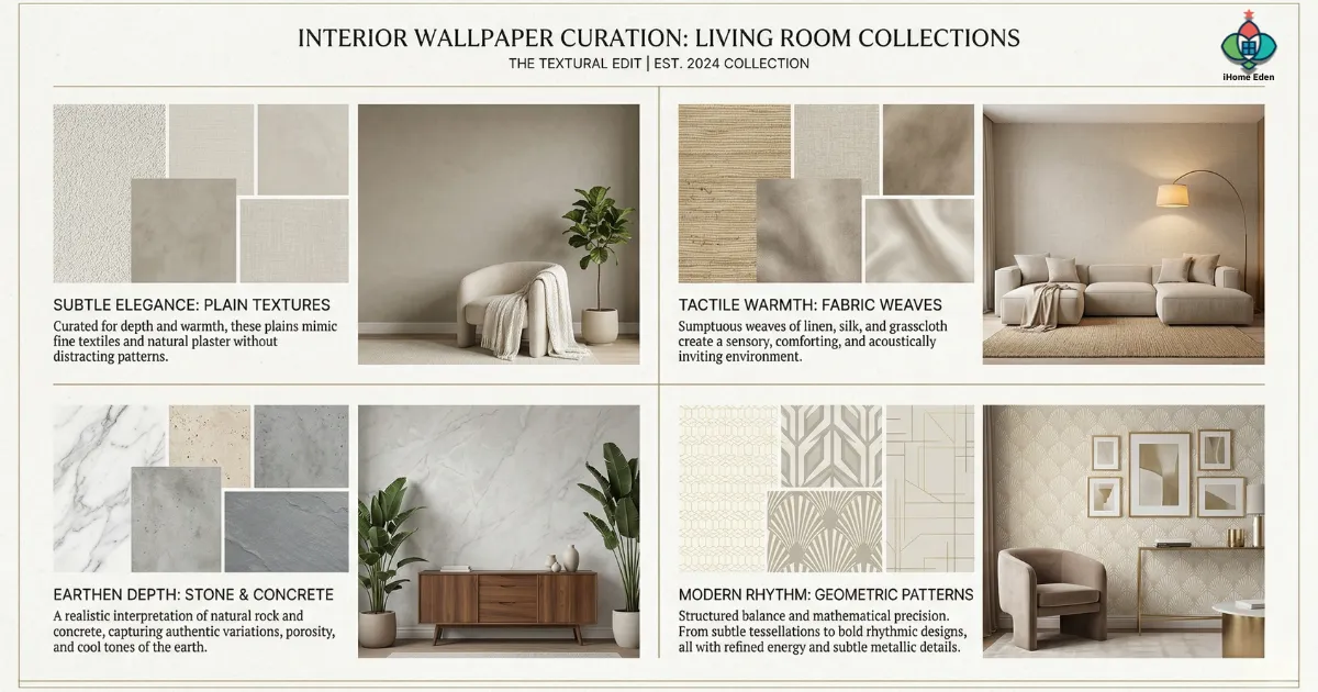 มู้ดบอร์ดตัวอย่างวอลเปเปอร์ลายเรียบ ลายหิน ลายผ้า และลายเรขาคณิตสำหรับห้องนั่งเล่น