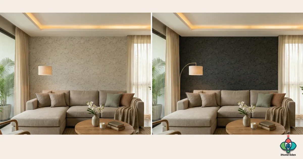 เปรียบเทียบวอลเปเปอร์โทนอ่อนและโทนเข้มสำหรับผนังห้องนั่งเล่น