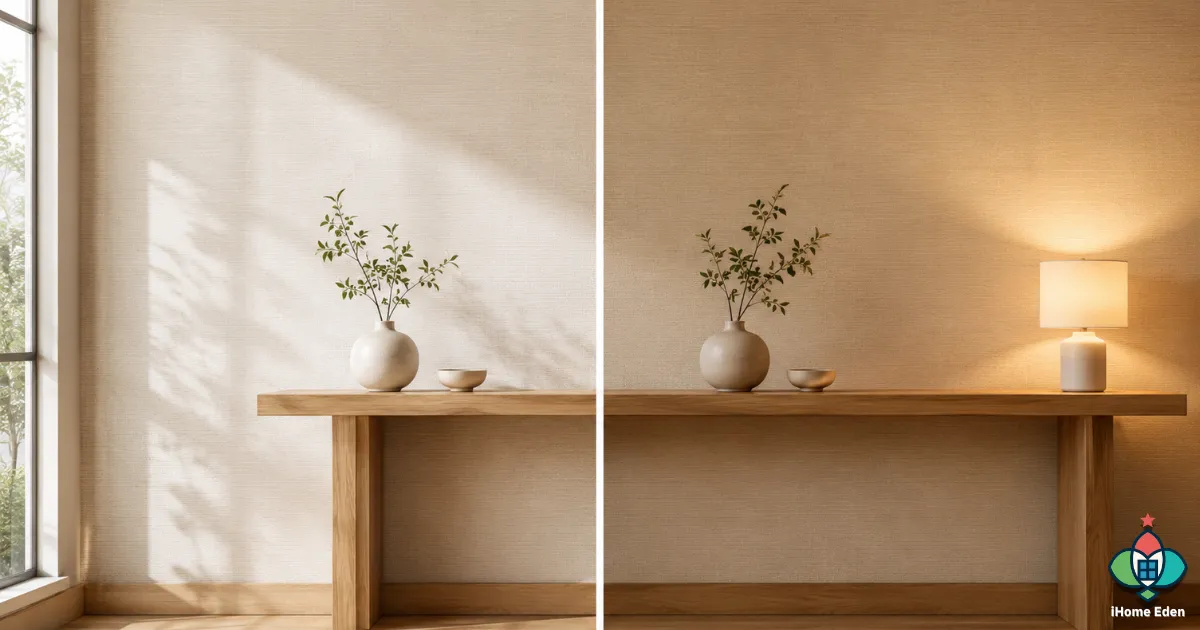 ห้องมินิมอลเปรียบเทียบวอลเปเปอร์ภายใต้แสงธรรมชาติและแสงวอร์ม