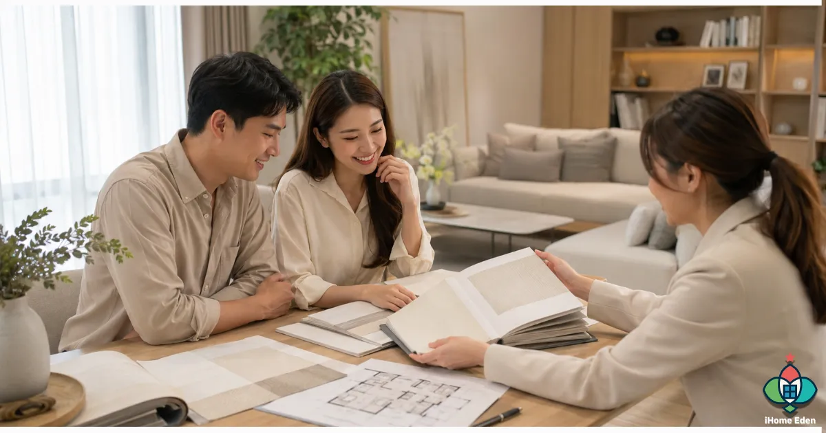 เจ้าของบ้านปรึกษาช่างพร้อมตัวอย่างวอลเปเปอร์และแบบห้อง