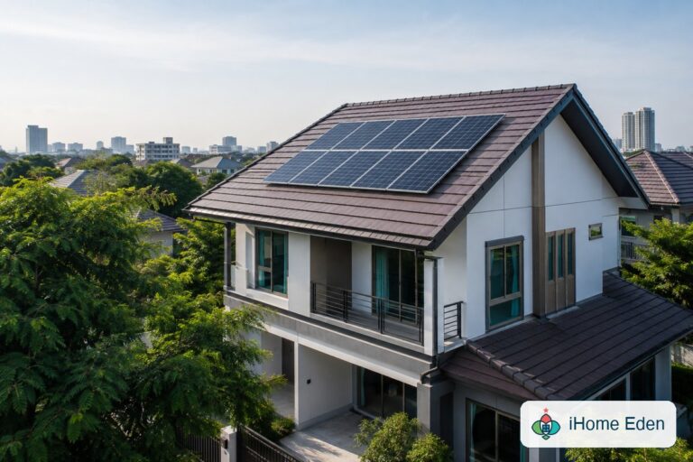 บ้านร่วมสมัยพร้อมแผงโซลาร์เซลล์สำหรับประกอบบทความเช็กหลังคาก่อนซื้อ โดย iHome Eden