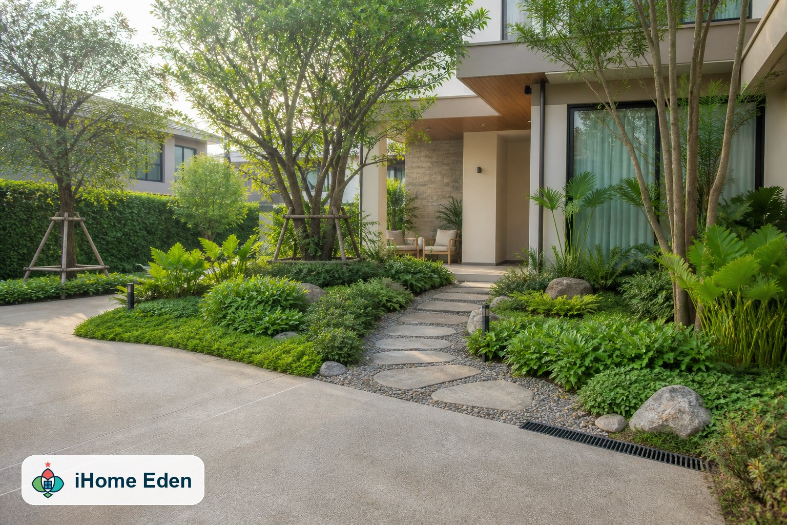 จัดสวนหน้าบ้านสไตล์โมเดิร์นโดย iHome Eden