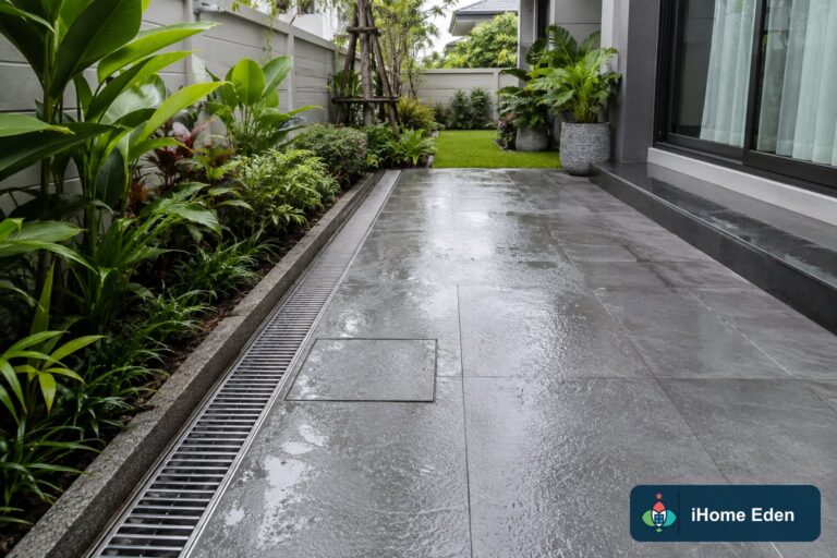 ลานสวนข้างบ้านหลังฝนตก มีรางระบายน้ำแนวยาวและฝาตรวจที่ไม่ถูกปิดทับ