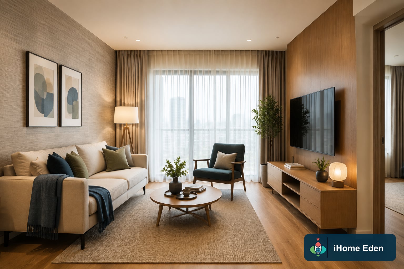 ห้องนั่งเล่นสมัยใหม่ที่จัดผังเฟอร์นิเจอร์ แสง และทางเดินอย่างสมดุล