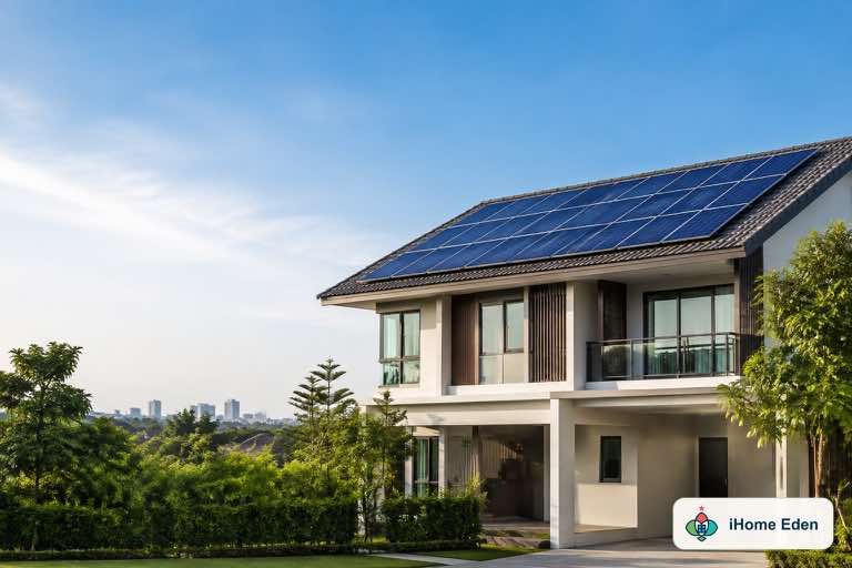 บ้านร่วมสมัยติดแผงโซลาร์เซลล์บนหลังคา ภาพประกอบโดย iHome Eden